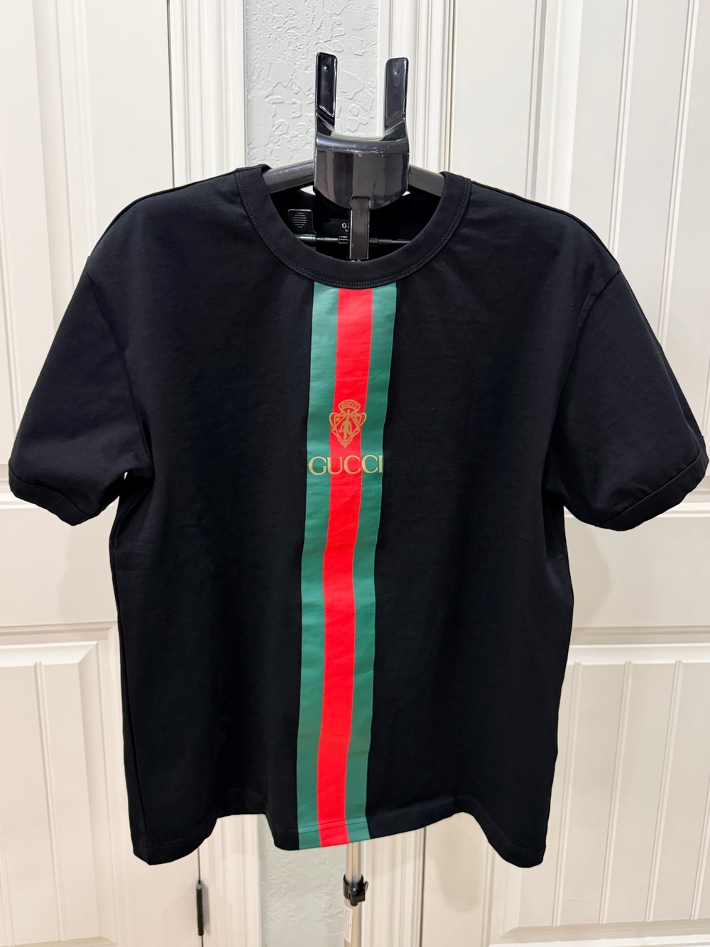 Gucci Black Tee with Signature Green and Red Center Stripe